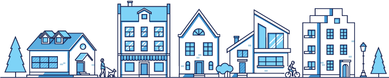 illustration of houses/neighborhood in blue and white