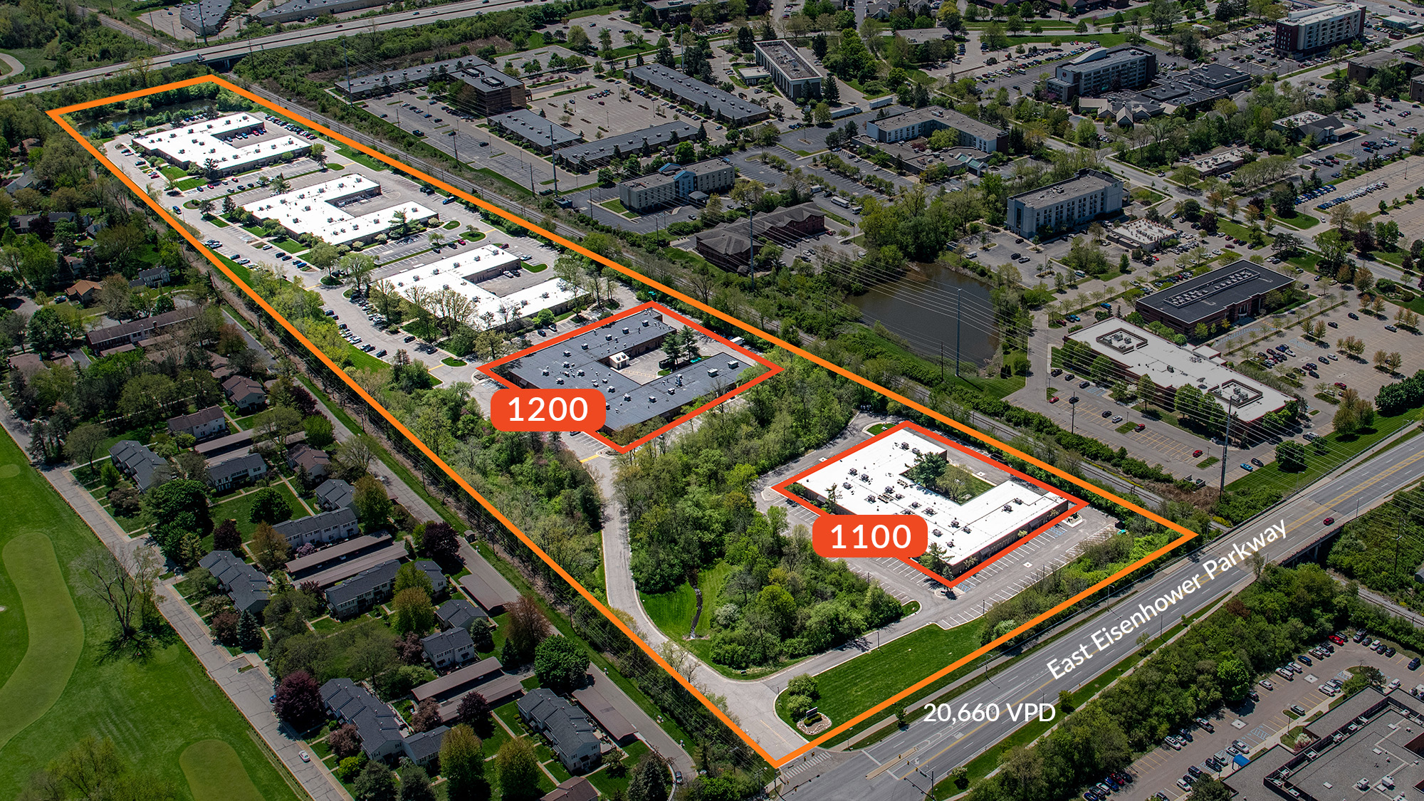 Aerial view of two available lab / flex / warehouse space buildings in Ann Arbor Michigan.